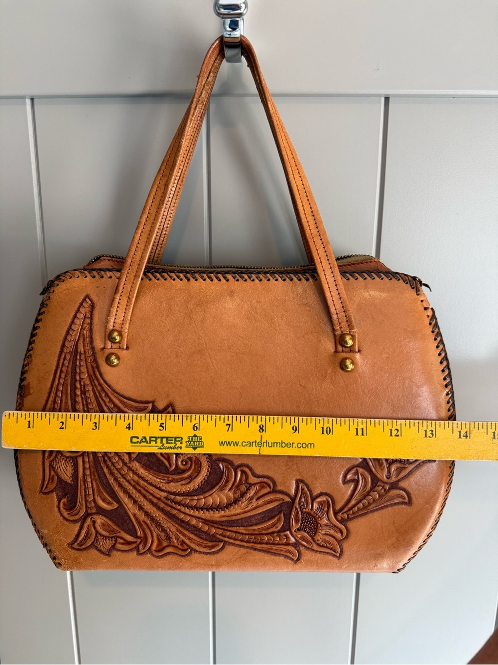 Vintage Hand Tooled Leather Purse Western Floral Carved Brown Barrel Bag Satchel - Picture 5 of 9